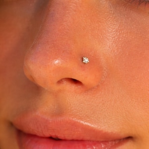 Puede incluir: Primer plano de una nariz con un pequeño y brillante piercing de nariz plateado. El piercing tiene un diseño en forma de flor con múltiples facetas, que reflejan la luz. La piel alrededor de la nariz es suave y tiene un tono de piel natural.