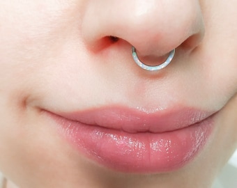 White Opal Septum hoop, Hinged Opal Nose Ring, Hinged Septum Ring White Opal, Hinged Septum Helix Cartilage Ring,Stainless Steel Opal 16g