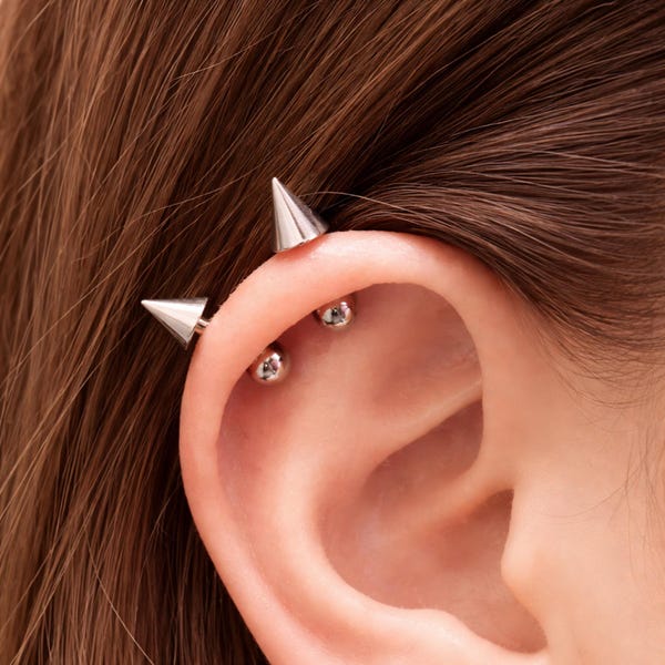 Vertical Helix 16G Cone Spike Barbell Piercing Stainless Steel Cartilage Stud Minimalist Punk Jewelry, Secure Screw Back