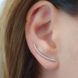 Climber Earrings-Thin Diamonds Ear Climbers Earrings-CZ Ear Climbers-Sterling Silver Climber Earrings-Threaded Earrings