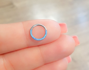 Hinged hoop, Hinged Nose Ring, Hinged Ring, Hinged Septum,Hinged Helix Ring,Hinged Cartilage Ring,Stainless Steel Blue White Opal,16 gauge