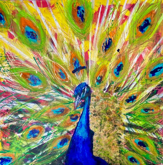 Original Framed Painting, Prince the Peacock. Peacock Painting