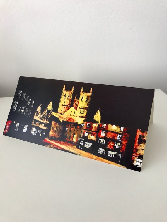 Lincoln Gift Card. Exchequergate at Night.  Lincoln Cathedral, Blank Greeting Card