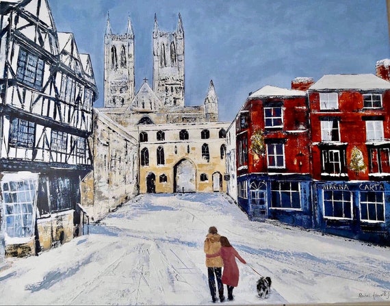 Lincoln Art Print, Winter on Exchequergate. Lincoln Christmas art Print, gift. + Free personalised Gift Card. Valentines gift