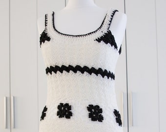 Crochet summer  hand made vintage dress in black and white.