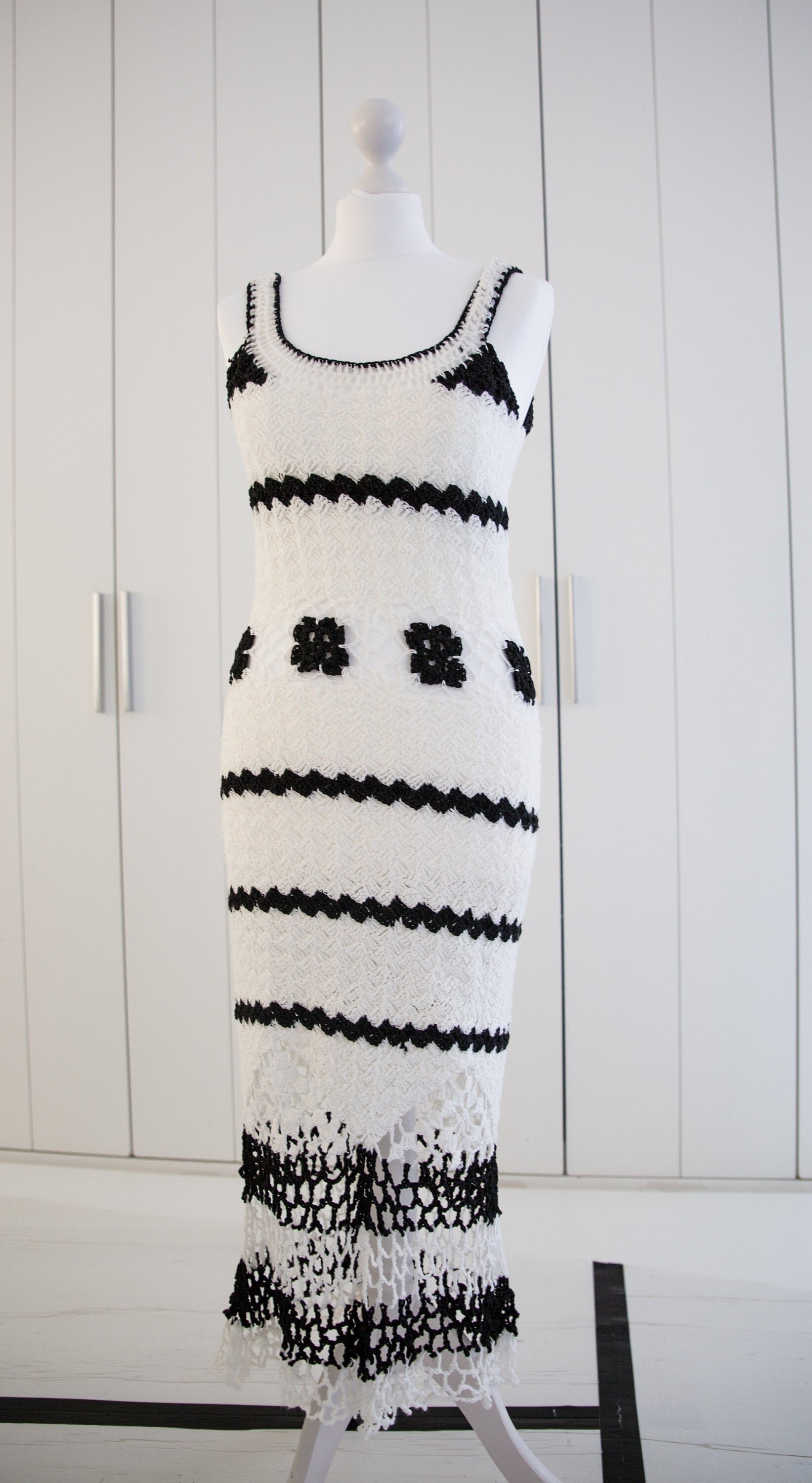 Crochet Summer Hand Made Vintage Dress in Black and White. - Etsy