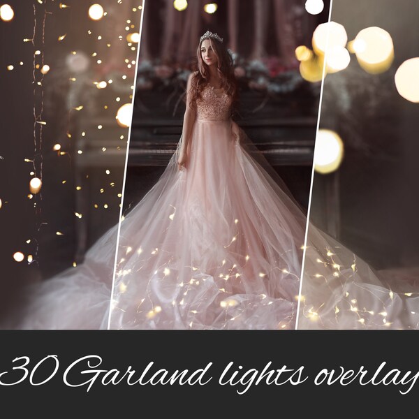 30 Garland lights effects, string lights,  Photoshop overlays, lights, light bulbs, Christmas lights, glowing lights, garlands,  jpg