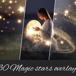 30 JPG Magical Stars Effects Photo Overlays: Stars Fairies, Magic Dust, Golden Sparkles, Shining Stars, Christmas Glow- Photoshop compatible