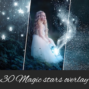 30 JPG Magic Silver Stars Photo Overlays: Stars Fairy, Dust, Magic, Silver Sparkle, Shine Stars, Christmas Shining - Photoshop Compatible