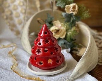 Painted and handmade perforated ceramic CHRISTMAS tree Made in Italy 100% handmade candle holder gift Merry Christmas