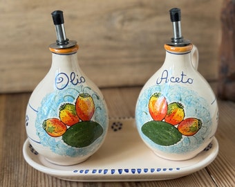 Italian Ceramic Set Ampolla Oil and Vinegar| with tray| Hand painted| Made in Italy| Puglia| Artistic ceramics| oil and vinegar| gift|
