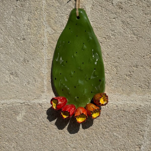 Feigenkaktusschaufel aus Keramik, hergestellt in Italien, handgefertigt und handbemalt, 100 % handwerklich, Geschenkidee, grüne Feigenkaktusschaufel mit Früchten