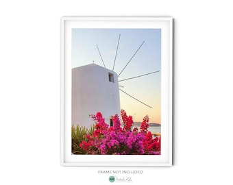 Puede incluir: Un molino de viento blanco con un marco de madera contra un cielo azul. Hay flores rosas en primer plano.