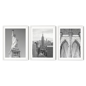 Black and White New York Print Set, Fine Art New York City Photography, Grey Architecture Poster, Travel Themed Gallery Wall Set of 3 Prints