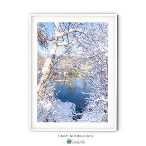 Könnte beinhalten: Eine verschneite Winterlandschaft mit einem blauen See, der von schneebedeckten Bäumen umgeben ist. Die Äste der Bäume sind kahl und der Schnee ist weiß und flauschig. Der See ist ruhig und spiegelt den blauen Himmel wider.