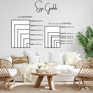 May include: A size guide for prints, showing different sizes in inches and centimeters. The guide is labeled "3:2 (UNCROPPED)" and "14:11, 7:5, 5:4, 4:3 (CROPPED)".