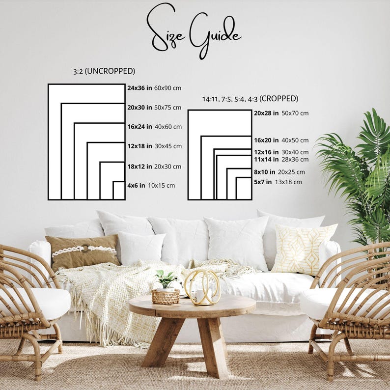 May include: A size guide for prints, showing different sizes in inches and centimeters. The guide is labeled "3:2 (UNCROPPED)" and "14:11, 7:5, 5:4, 4:3 (CROPPED)".