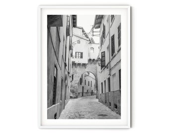 European Old Town Street Print, Black and White Fine Art Travel Photography, Monochrome Spanish Architecture Wall Art, Minimalist Home Decor