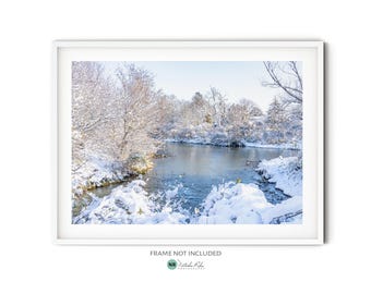 Snowy Landscape Print, Fine Art Winter Photography Print, Winter Wall Art, Calm Frosty Lake Photo, Scandinavian Themed Cottage Home Decor