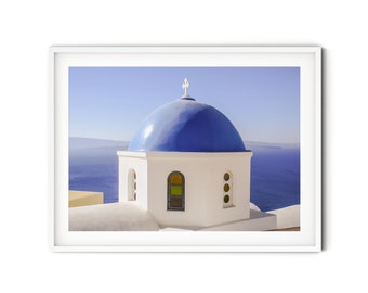 Blue Domed Greek Church Photo, Fine Art Greece Photography, Modern Greek Islands Print, Mediterranean Style Travel Themed Wall Art