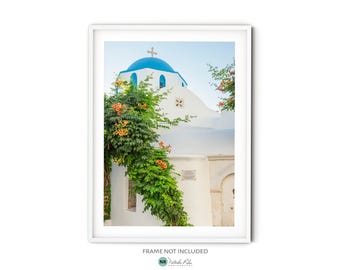 May include: A white building with a blue domed roof and a cross on top. The building is covered in green vines with orange flowers.