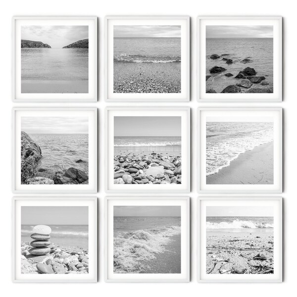 Ensemble d’affiches de 9 pièces de mur d’images de plage noir et blanc, photographie de plage d’art, art mural minimaliste de style côtier, décoration de mer neutre