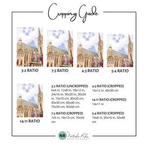 May include: A guide to cropping images for different aspect ratios, including 3:2, 7:5, 4:3, 5:4, and 14:11. The guide shows examples of each ratio with a photo of a building with a pointed roof.