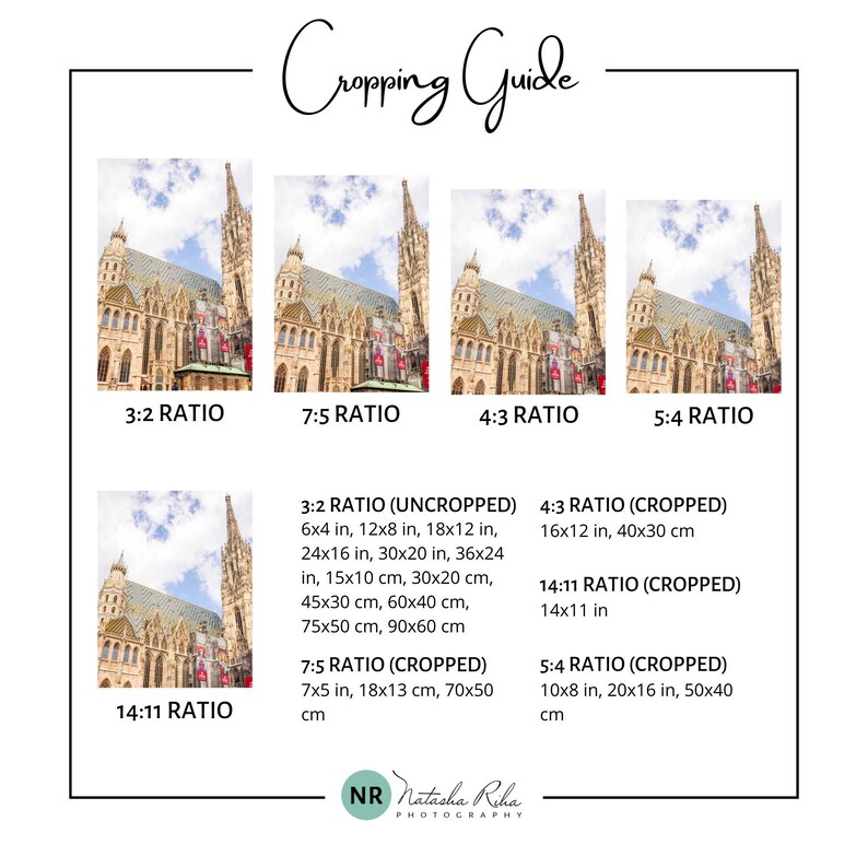 May include: A guide to cropping images for different aspect ratios, including 3:2, 7:5, 4:3, 5:4, and 14:11. The guide shows examples of each ratio with a photo of a building with a pointed roof.