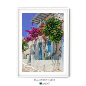 Greek Islands Print, Fine Art Greece Photography, Paros Cyclades Travel Wall Art, Pink Bougainvillea Flower Print, Mediterranean Home Decor