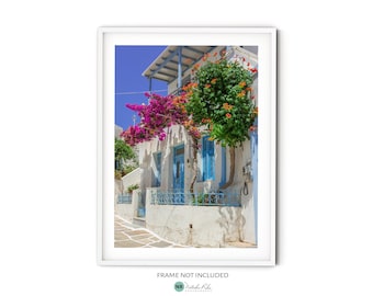 Greek Islands Print, Fine Art Greece Photography, Paros Cyclades Travel Wall Art, Pink Bougainvillea Flower Print, Mediterranean Home Decor