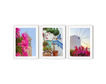 Greek Islands Print Set, Fine Art Greece Photography, Pink Cyclades Gallery Wall Set of 3 Prints, Mediterranean Style Travel Wall Art