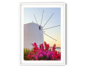 Greek Windmill Wall Art, Large Greek Island Print, Fine Art Greece Travel Print, Pink Bougainvillea Photo, Mediterranean Style Home Decor