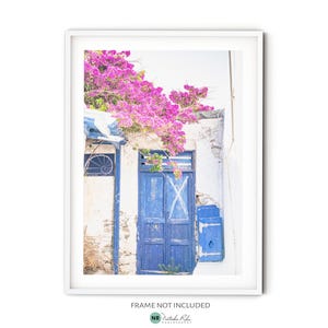 Greek Islands Print, Fine Art Greece Photography, Rustic Blue Door Wall Art, Pink Bougainvillea Photo, Travel Themed Decor, Boho Greek Decor