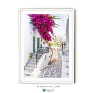Paros Greek Islands Print, Fine Art Greece Photography, Pink Bougainvillea Photo, Mediterranean Architecture Poster, Travel Themed Decor