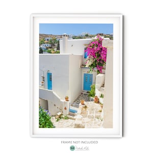Greek Islands Print, Fine Art Greece Photography, Mediterranean Architecture Wall Art, Pink Bougainvillea Photo, Travel Themed Decor