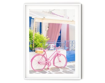 Greek Islands Print, Fine Art Greece Photography, Pink Bike Wall Art, Paros Cyclades Photo, Boho Travel Poster, Pastel Greek Home Decor