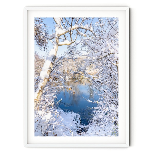 Winter Landscape Photography Print, Modern Winter Wall Art, Snowy Forest Print, Calm Lake Photo, Farmhouse Style Christmas Decor