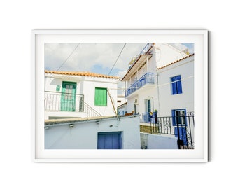 Skiathos Village Photo, Fine Art Greece Photography, Blue and White Greek Islands Print, Mediterranean Style Architecture Wall Art  Decor