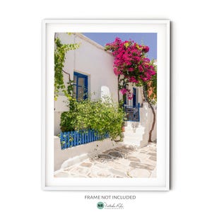 Greek Islands Print, Fine Art Greece Photography, Cyclades Village Photo, Pink Bougainvillea Flower Wall Art, Mediterranean Style Wall Decor