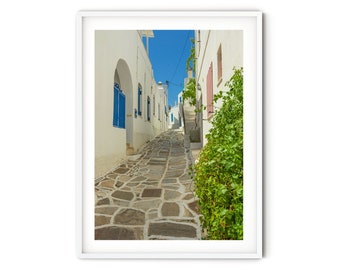 Poster delle isole greche, fotografia d'arte della Grecia, arte murale di architettura mediterranea, foto di strada del villaggio di Paros, decorazione murale di viaggio