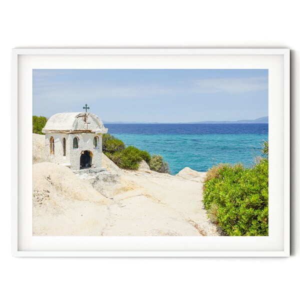 Greek Chapel Print, Fine Art Greece Photography Print, Halkidiki Coast Photo, Turquoise Ocean Wall Art, Mediterranean Style Coastal Decor