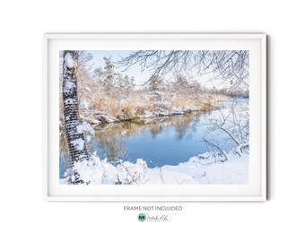 Winter Lake Wall Art, Fine Art Winter Photography, Calm Snow Landscape Print, Nature Themed Cabin Style Art Print, Christmas Wall Decor