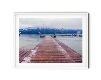 Wooden Pier Print, Fine Art Mountain Lake Photography, Winter Landscape Wall Art, Calm Snowy Scenery Photo, Modern Cabin Decor