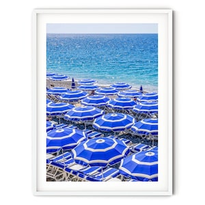 Blue and White Beach Umbrella Print, Fine Art Beach Photography, Nice French Riviera Wall Art, Cote d'Azur Travel Print, Beach Themed Decor