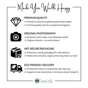 May include: Illustration of a diamond, camera, box, and delivery truck with text describing the quality, photography, packaging, and delivery of prints. The text reads "Make Your Walls Happy", "Premium Quality", "Original Photography", "Art-Secure Packaging", and "Eco-Friendly Delivery".