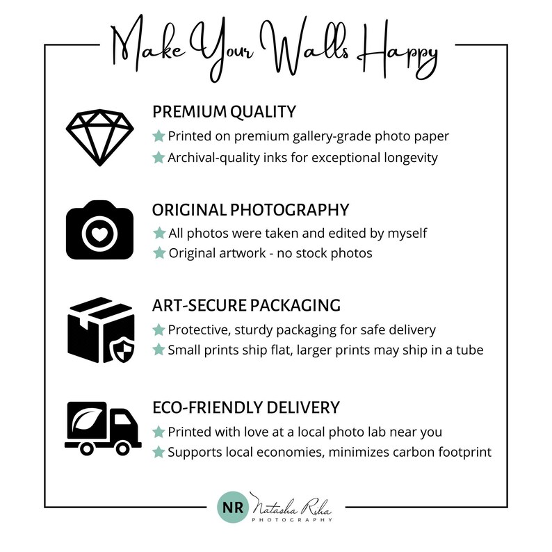 May include: Illustration of a diamond, camera, box, and delivery truck with text describing the quality, photography, packaging, and delivery of prints. The text reads "Make Your Walls Happy", "Premium Quality", "Original Photography", "Art-Secure Packaging", and "Eco-Friendly Delivery".