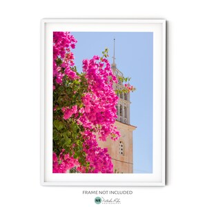 Greek Church Photography, Fine Art Greek Island Print, Rustic Greece Wall Art, Pink Bougainvillea Photo, Mediterranean Style Travel Print