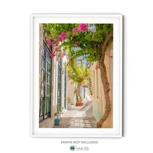 Greek Island Print, Fine Art Greece Photography, Colorful Travel Wall Art, Pink Bougainvillea Photo, Mediterranean Style Home Decor