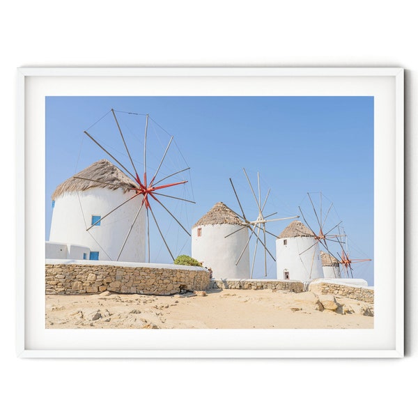 Windmills of Mykonos Print, Blue and White Greece Wall Art, Fine Art Travel Photography Print, Colorful Greek Island Poster, Coastal Decor