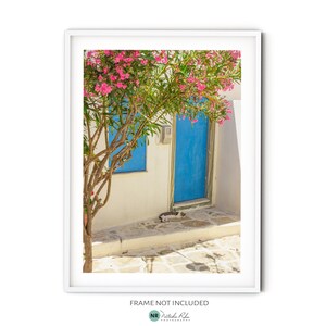 Pastel Greek Islands Print, Fine Art Greece Photography, Pink Oleander Flower Photo, Cyclades Architecture Poster, Modern Travel Wall Art